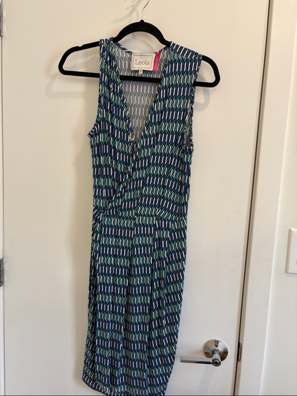 Leota V-Neck Midi Dress in Blue & Green Geometric Print